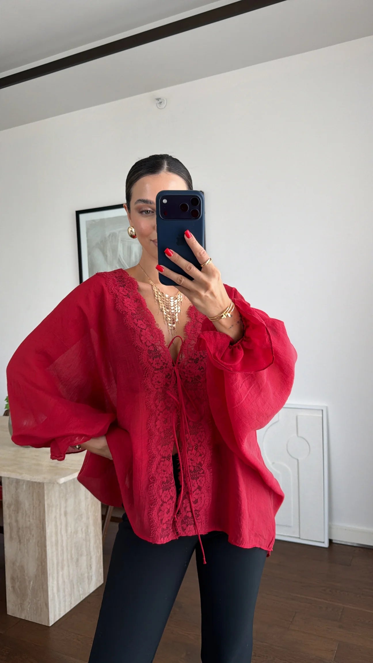 LACE-DETAILED TIE-UP CHIFFON SHIRT