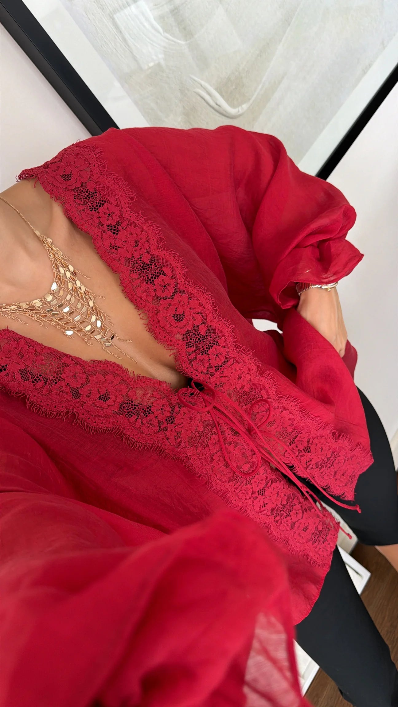 LACE-DETAILED TIE-UP CHIFFON SHIRT