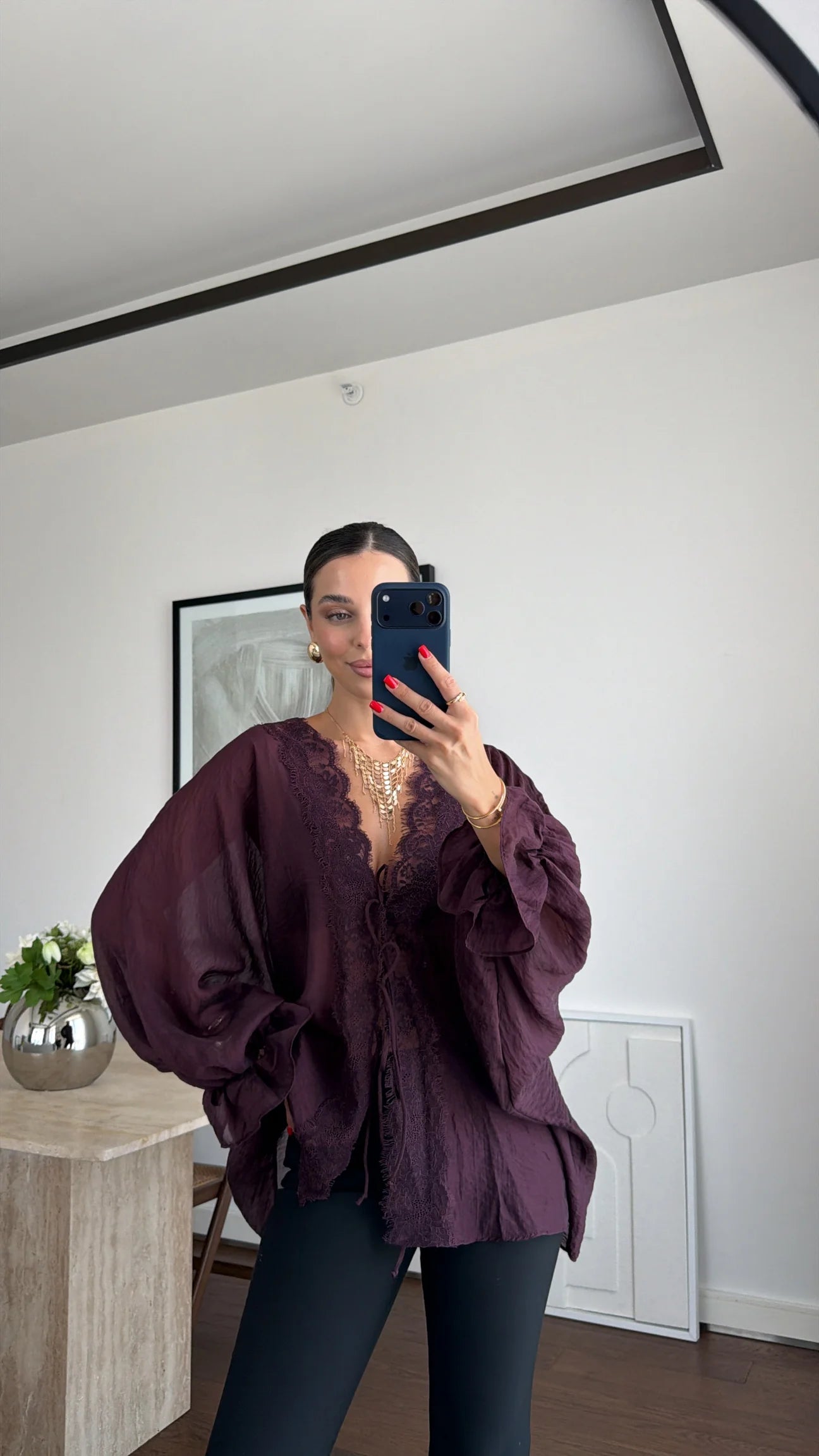 LACE-DETAILED TIE-UP CHIFFON SHIRT
