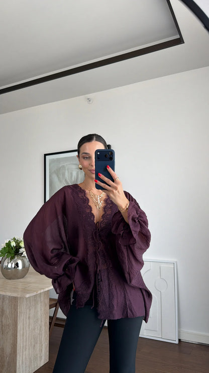 LACE-DETAILED TIE-UP CHIFFON SHIRT