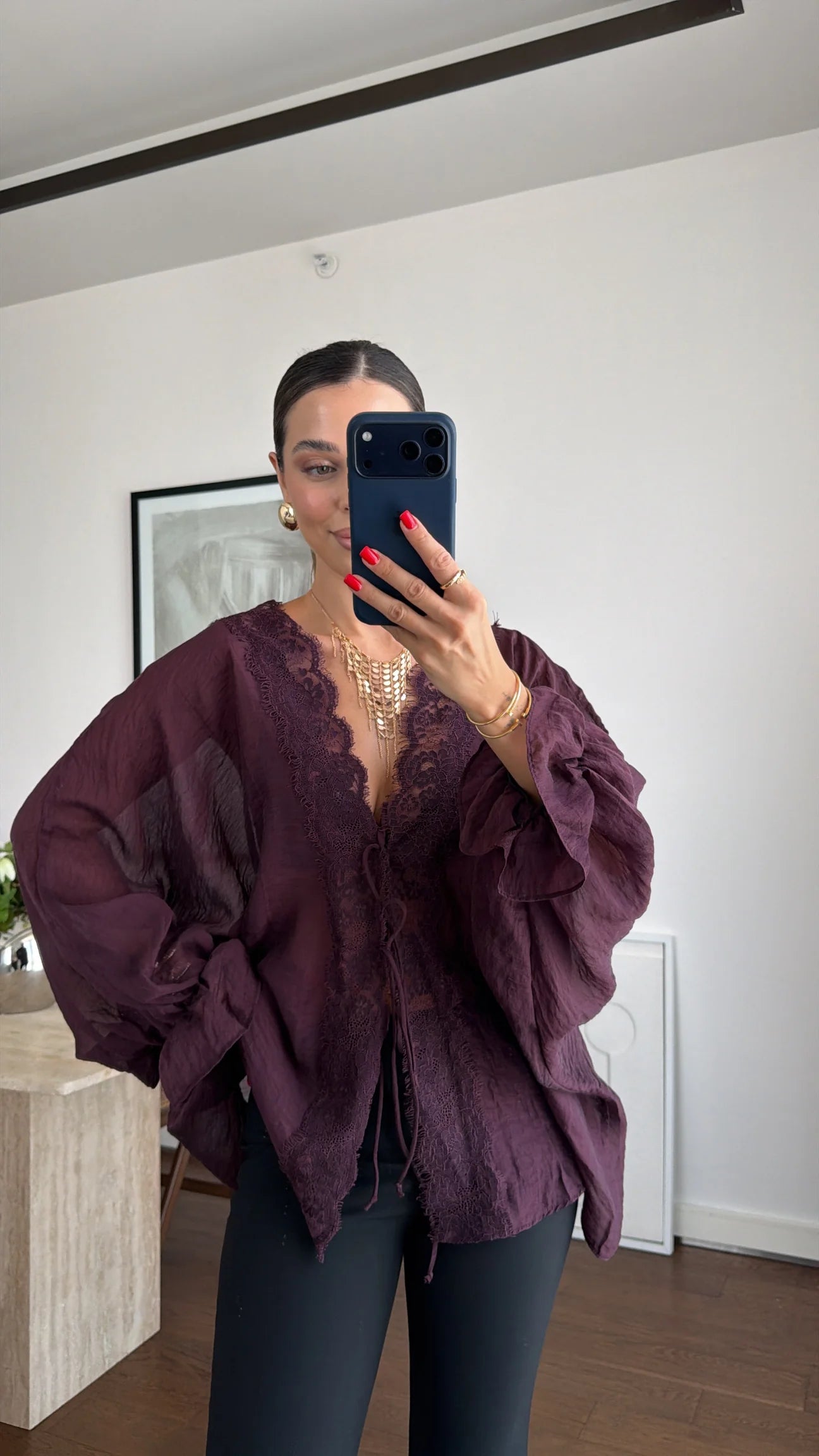 LACE-DETAILED TIE-UP CHIFFON SHIRT