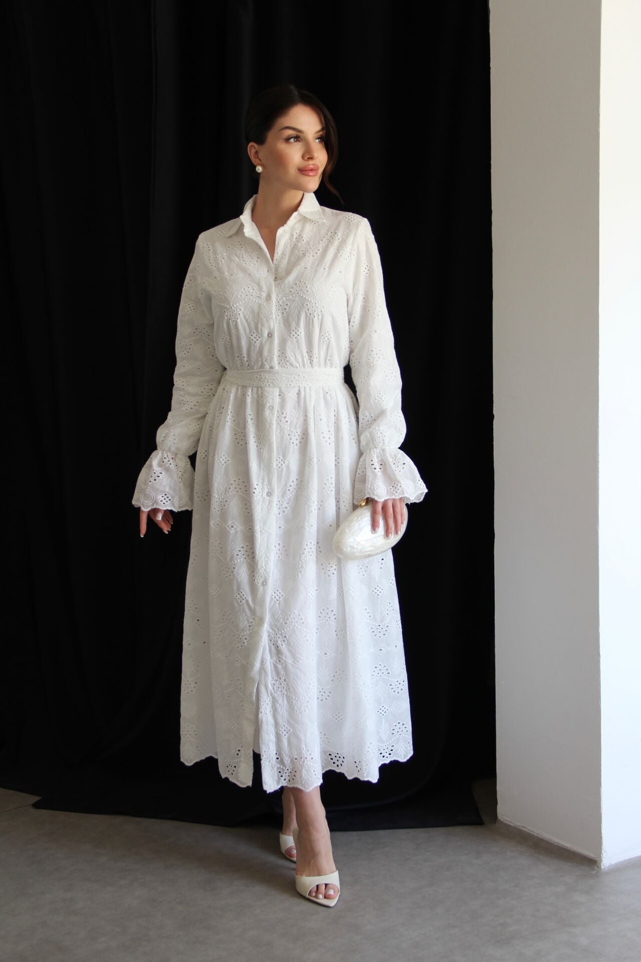 Belted Openwork embroidery dress with ruffle sleeves