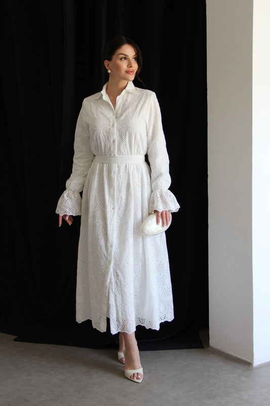 Belted Openwork embroidery dress with ruffle sleeves
