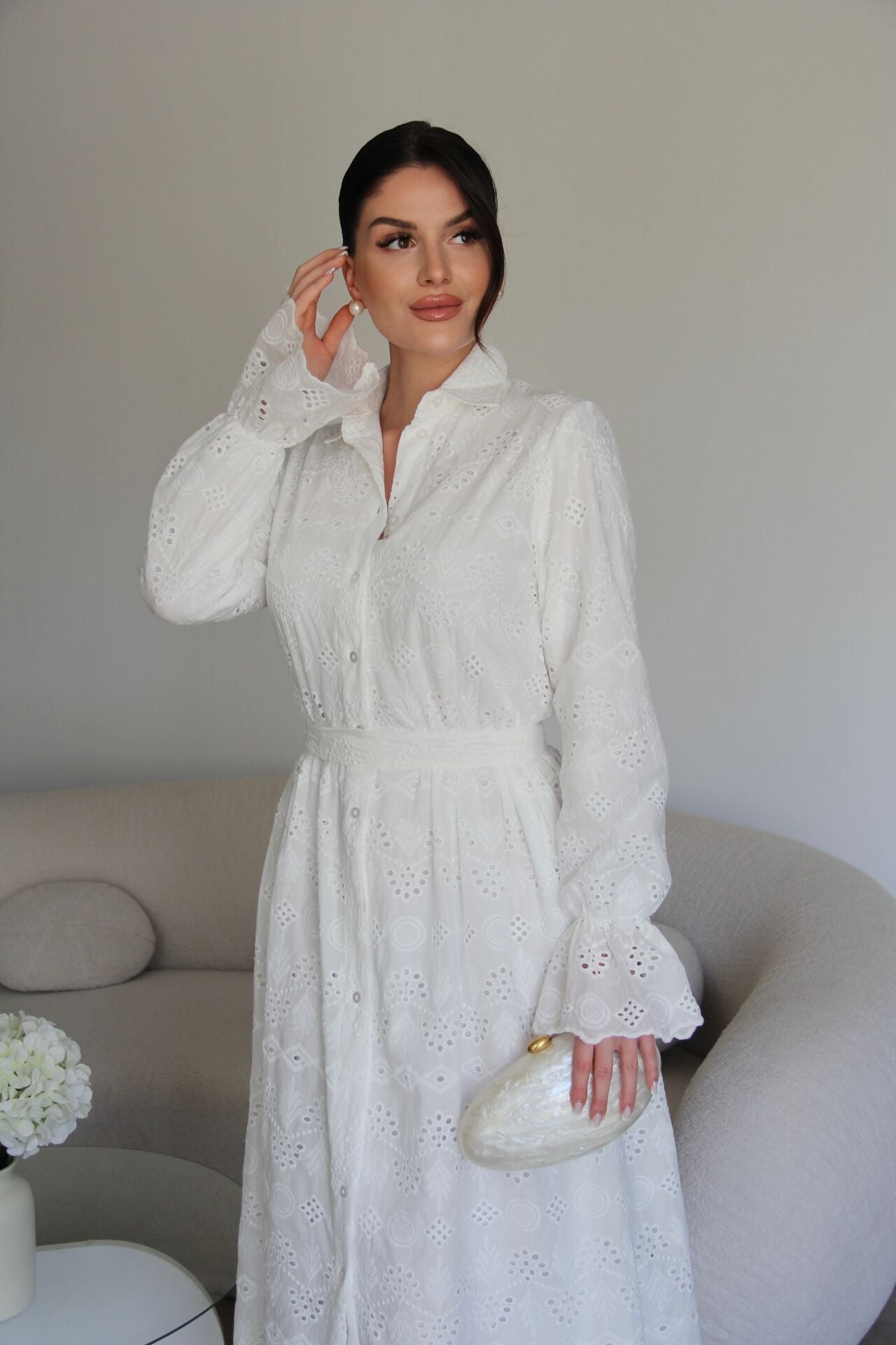 Belted Openwork embroidery dress with ruffle sleeves