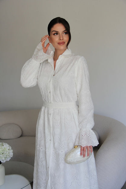 Belted Openwork embroidery dress with ruffle sleeves