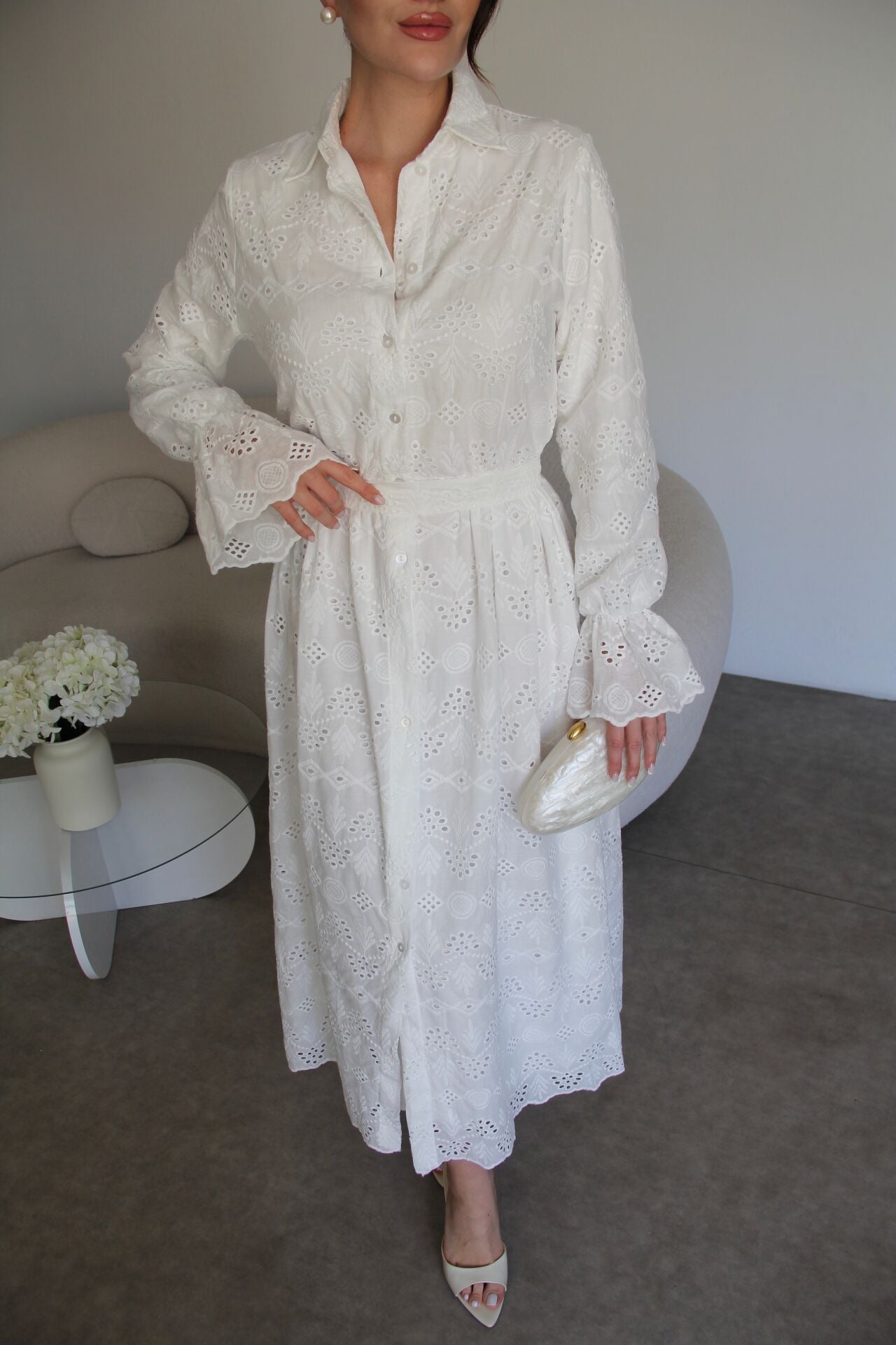 Belted Openwork embroidery dress with ruffle sleeves
