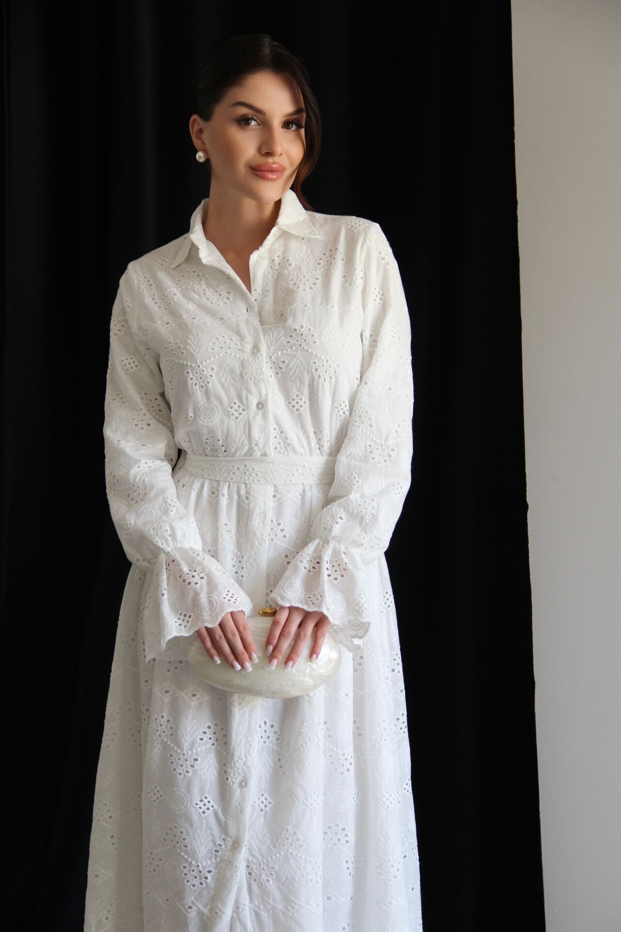 Belted Openwork embroidery dress with ruffle sleeves