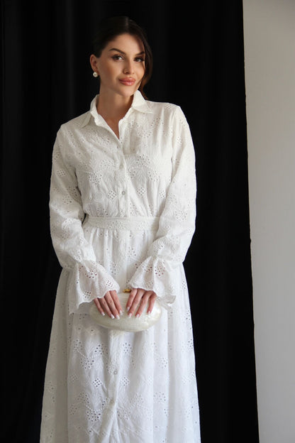 Belted Openwork embroidery dress with ruffle sleeves