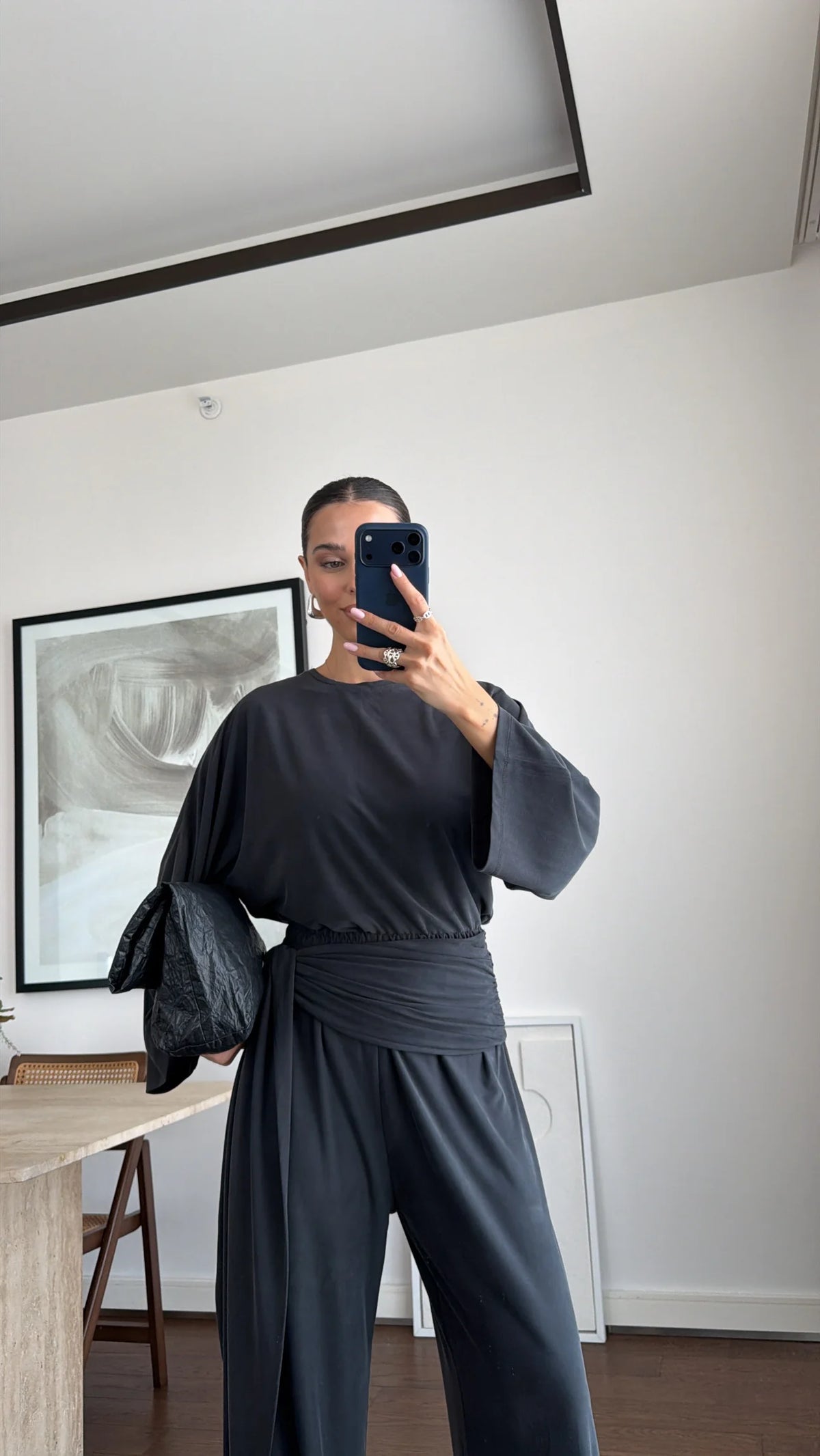 wide sleeve blouse With waist drapped co-ord set - black