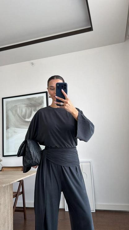wide sleeve blouse With waist drapped co-ord set - black