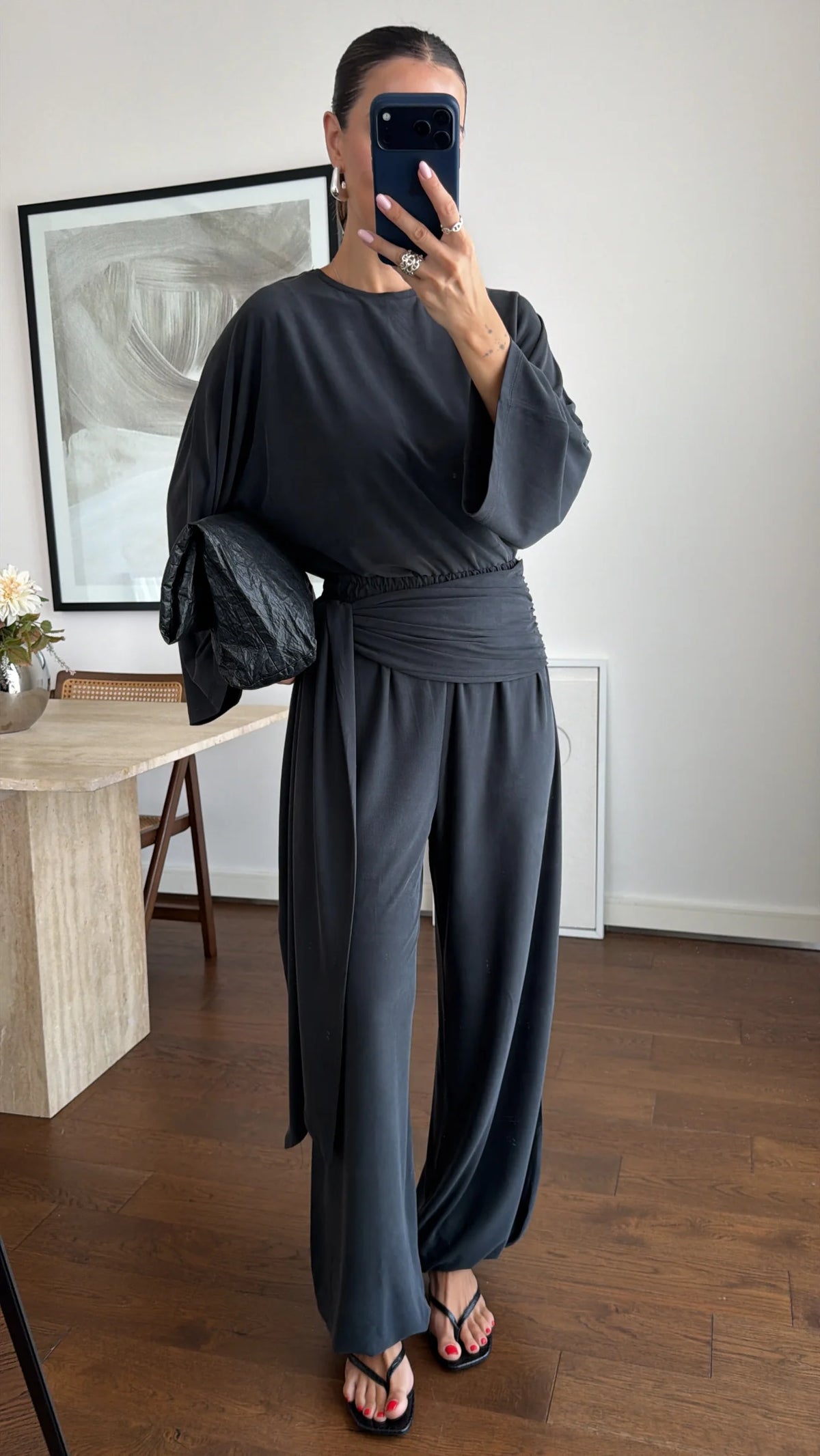 wide sleeve blouse With waist drapped co-ord set - black