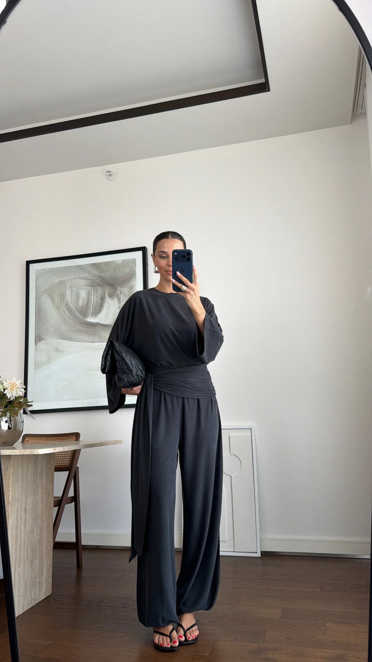 wide sleeve blouse With waist drapped co-ord set - black