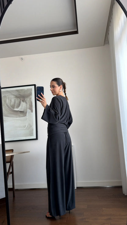 wide sleeve blouse With waist drapped co-ord set - black