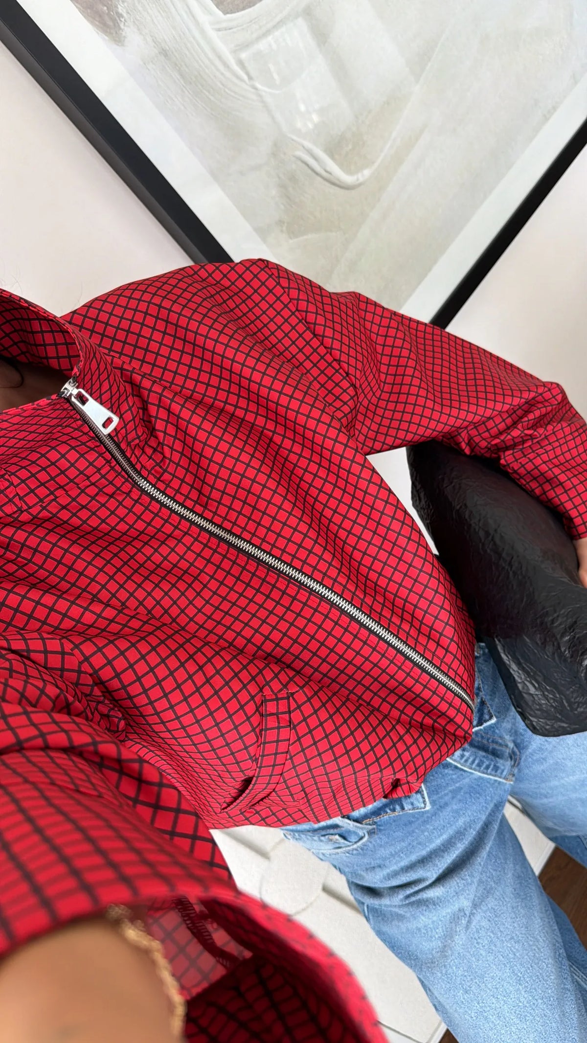 Red Plaid Patterned bomber jacket