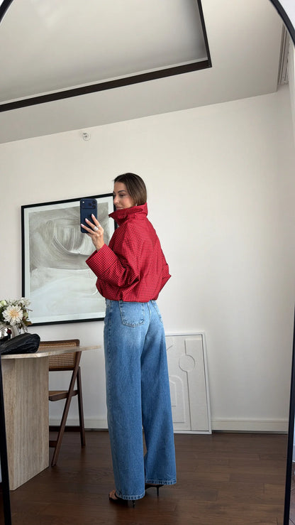 Red Plaid Patterned bomber jacket