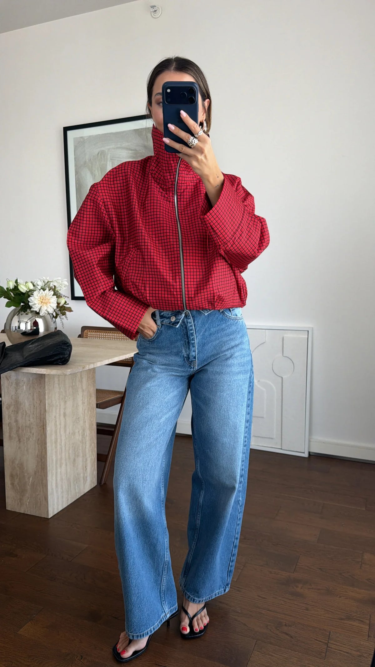 Red Plaid Patterned bomber jacket