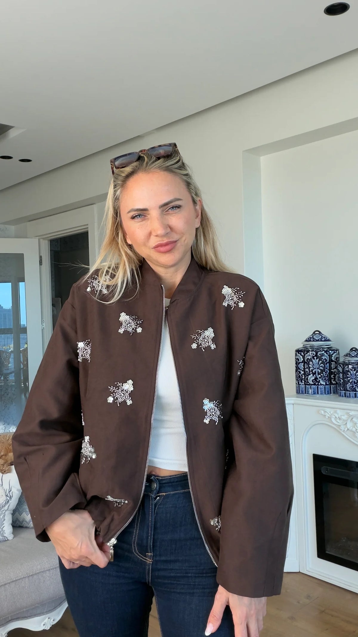 Bomber jacket with stone details - brown
