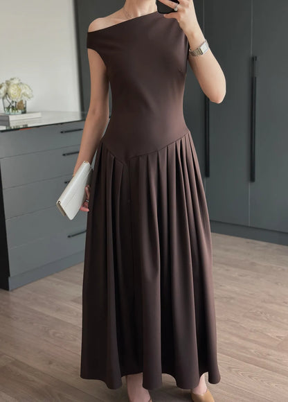 Asymmetric Collar pleated dress - brown