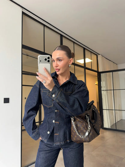 fitted pleated denim jacket with straight-leg trouser co-ord set