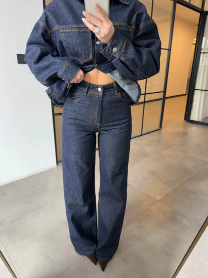 fitted pleated denim jacket with straight-leg trouser co-ord set
