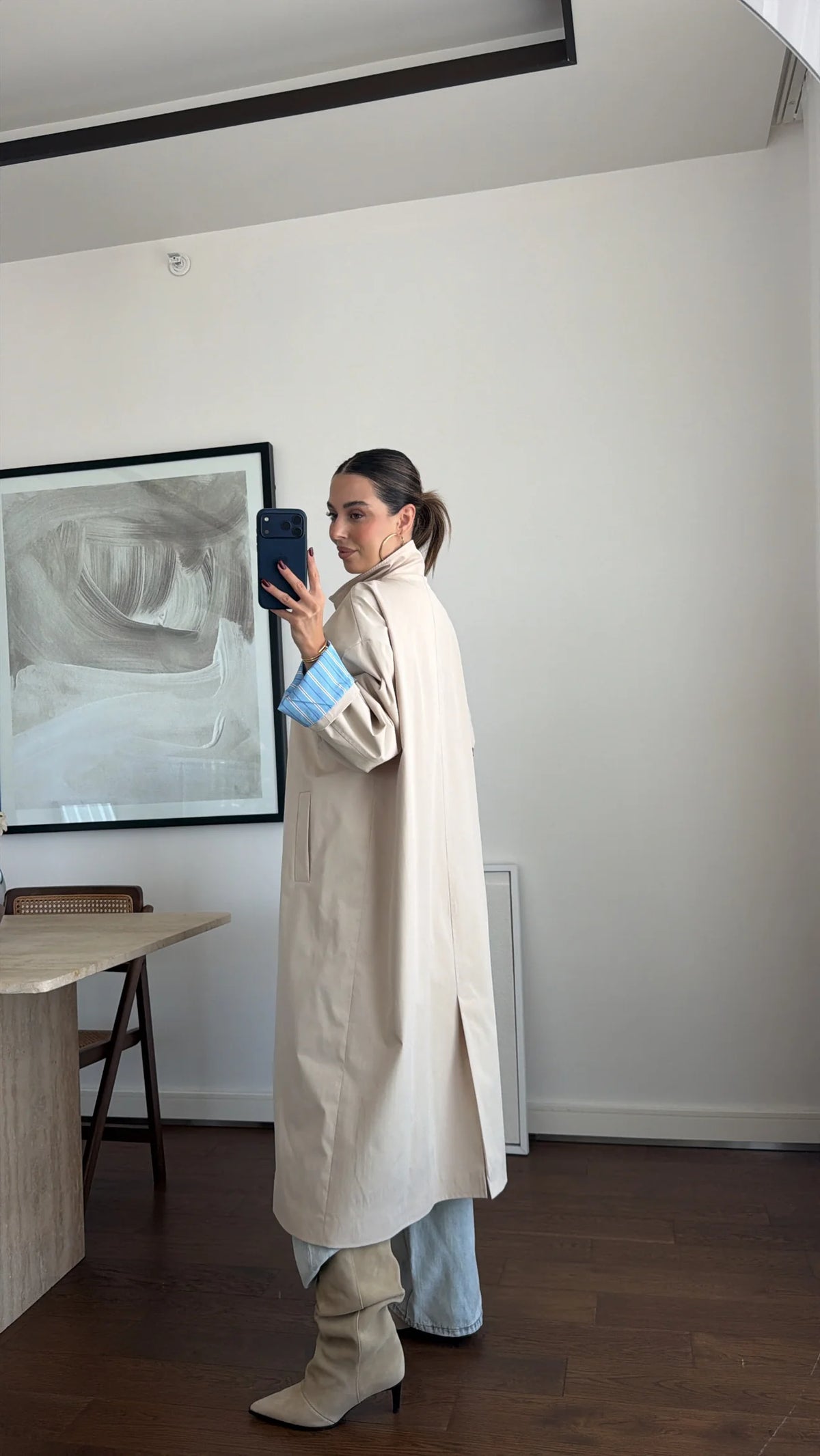 Striped lining Trench coat with folded Sleeve Detail - beige