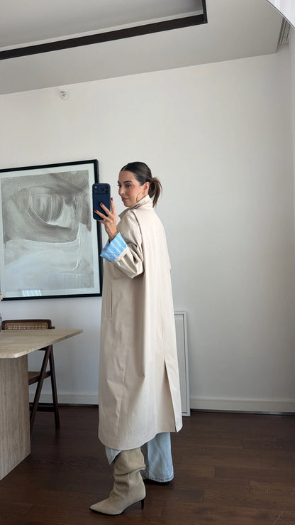 Striped lining Trench coat with folded Sleeve Detail - beige