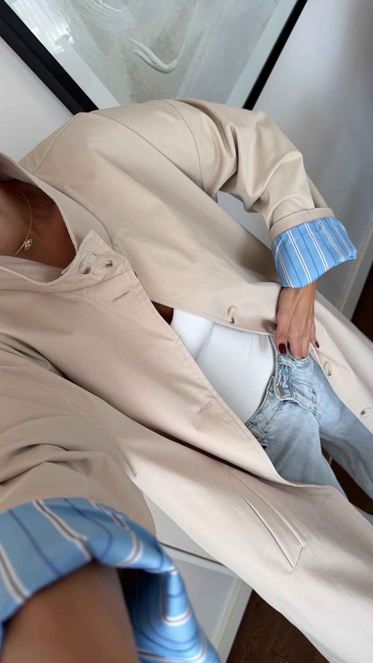 Striped lining Trench coat with folded Sleeve Detail - beige