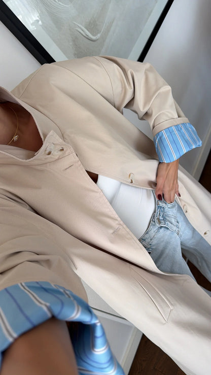 Striped lining Trench coat with folded Sleeve Detail - beige