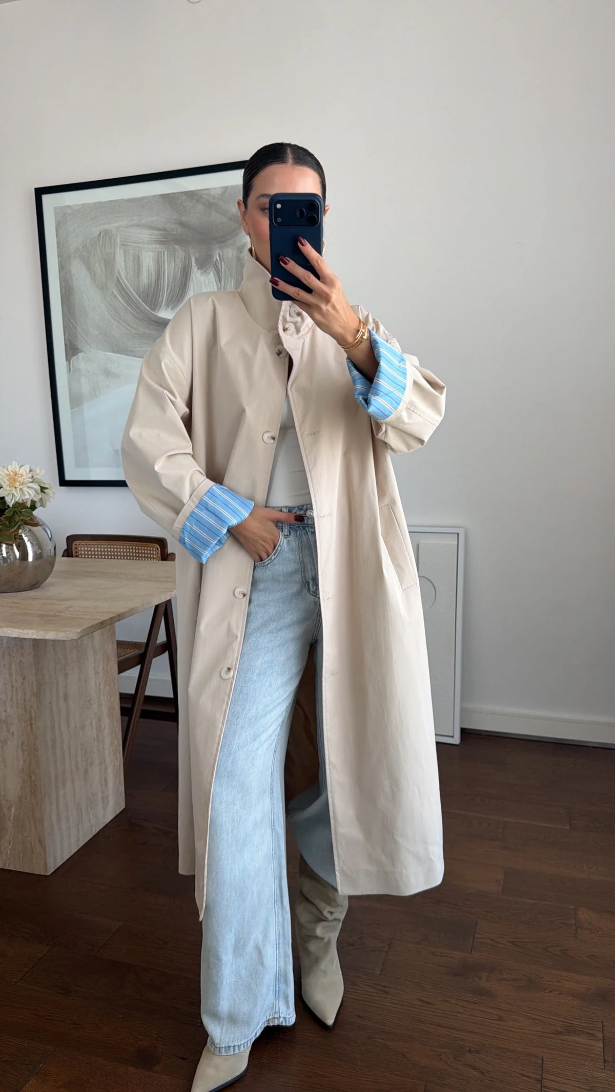 Striped lining Trench coat with folded Sleeve Detail - beige