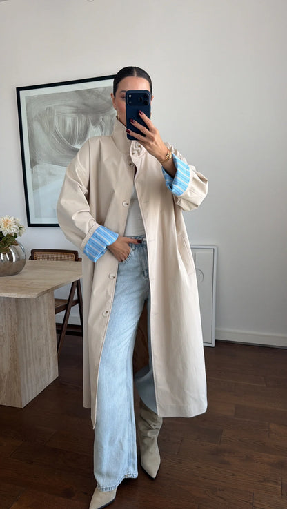 Striped lining Trench coat with folded Sleeve Detail - beige