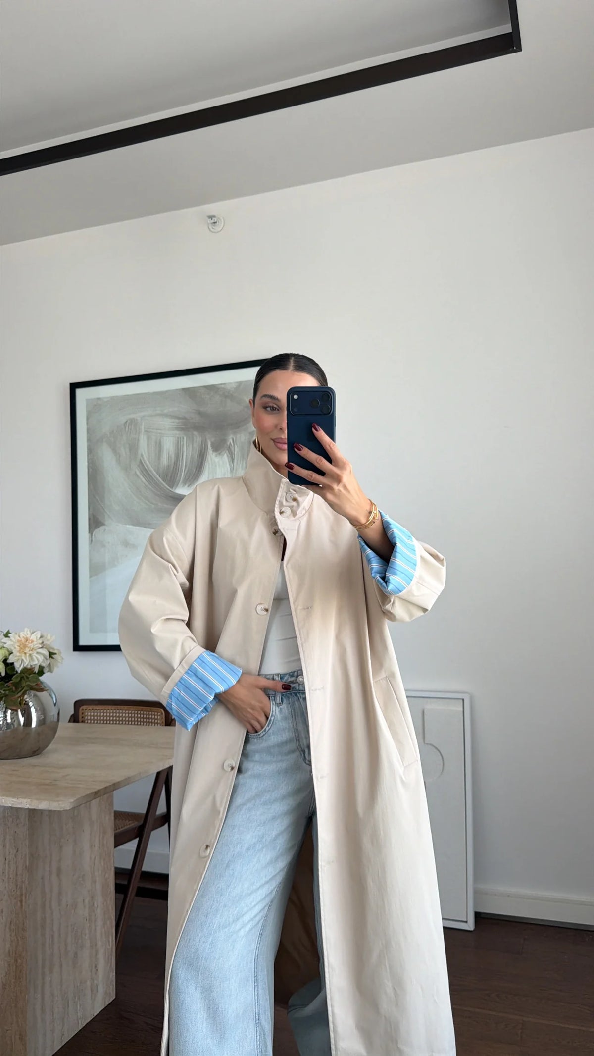 Striped lining Trench coat with folded Sleeve Detail - beige