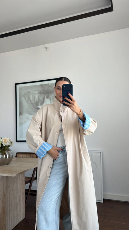 Striped lining Trench coat with folded Sleeve Detail - beige
