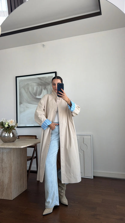 Striped lining Trench coat with folded Sleeve Detail - beige