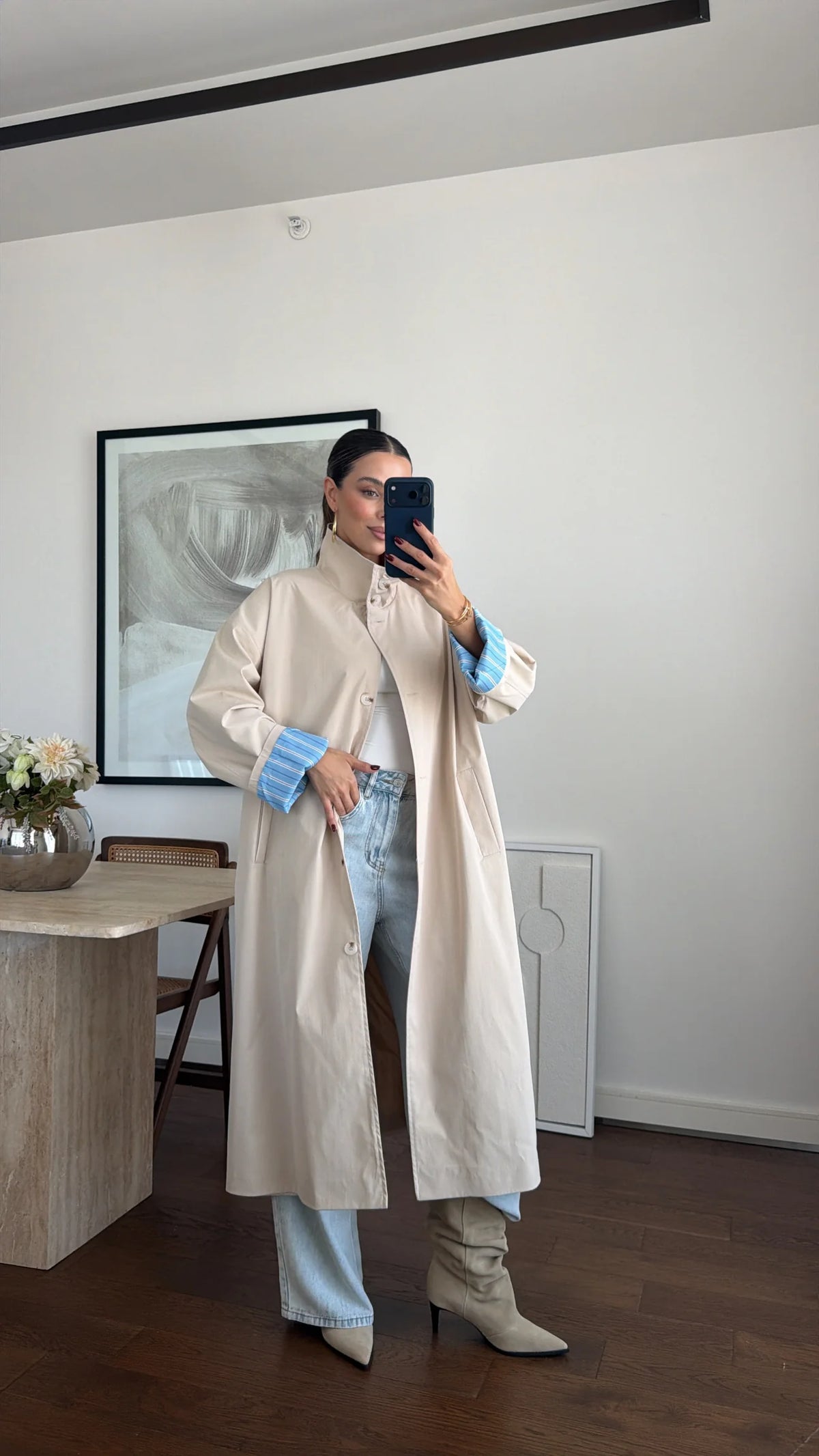 Striped lining Trench coat with folded Sleeve Detail - beige