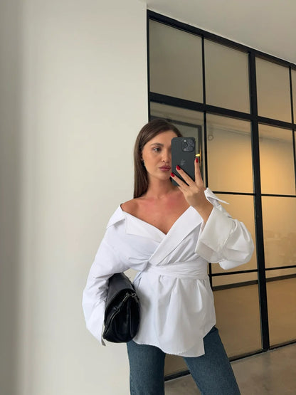 belted double breasted shirt