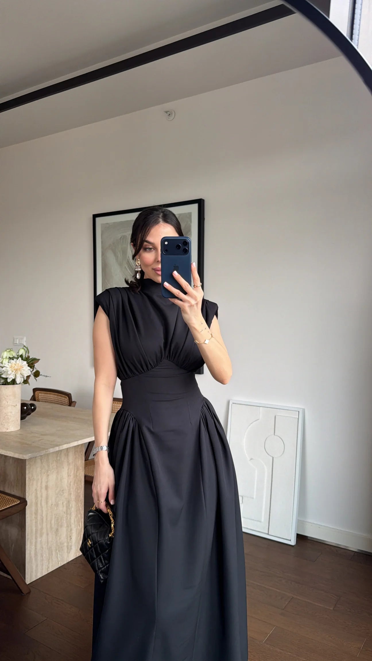Black Enid Waist-Fitted Padded Dresswith back neck tie