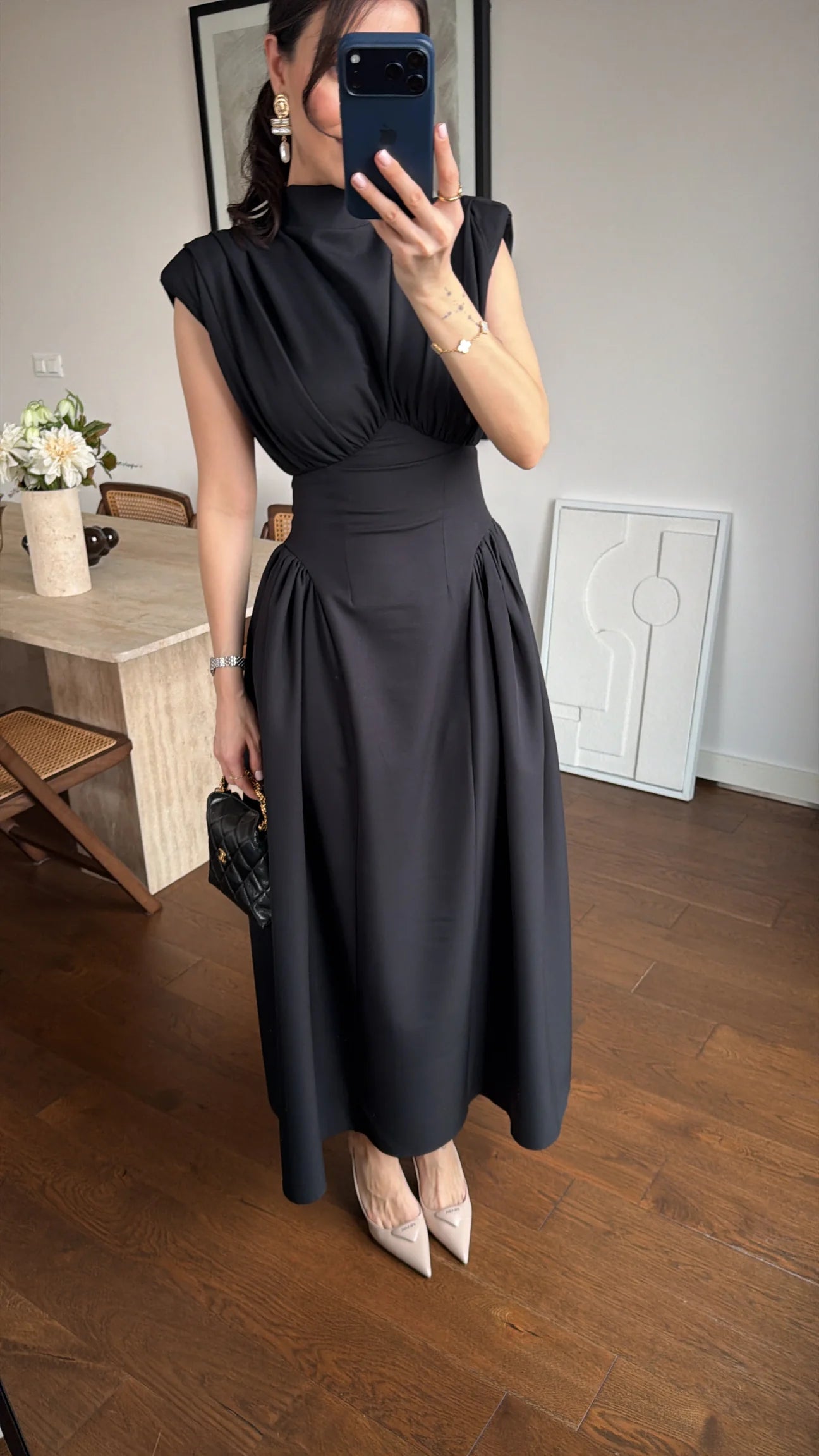 Black Enid Waist-Fitted Padded Dresswith back neck tie