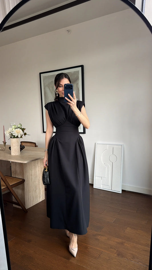 Black Enid Waist-Fitted Padded Dresswith back neck tie