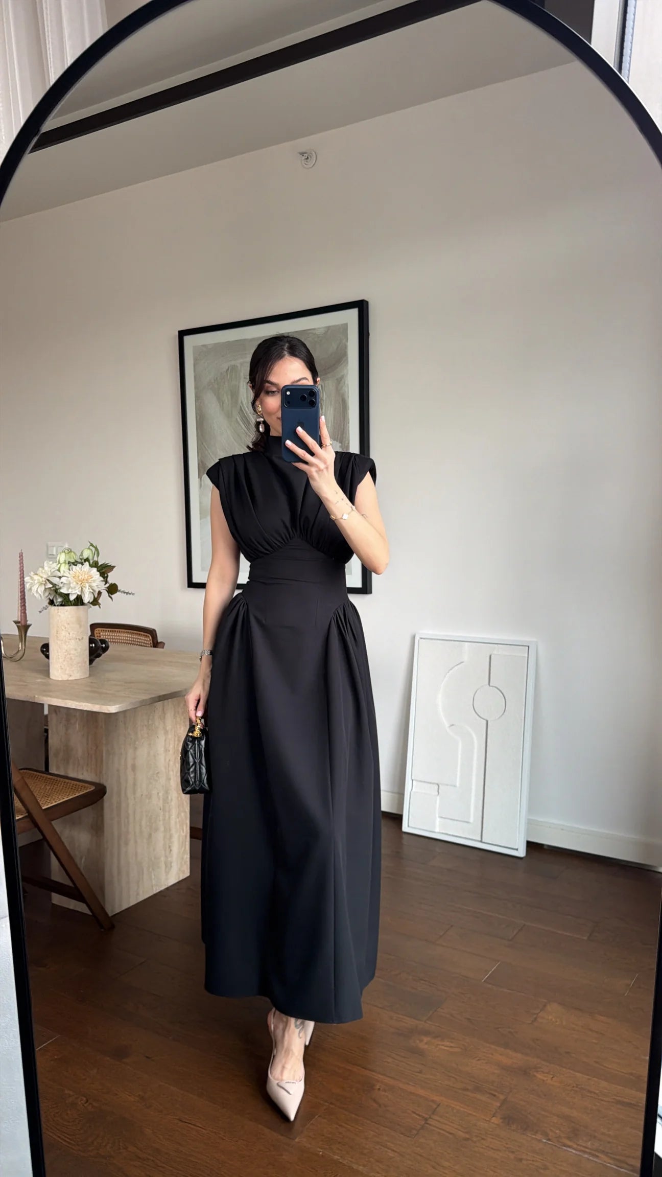 Black Enid Waist-Fitted Padded Dresswith back neck tie