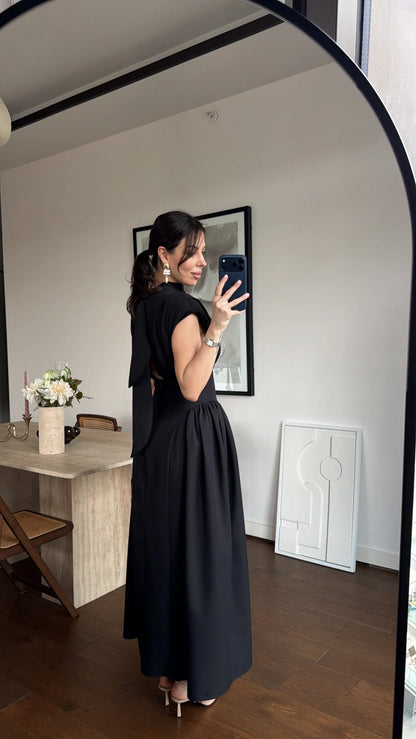 Black Enid Waist-Fitted Padded Dresswith back neck tie