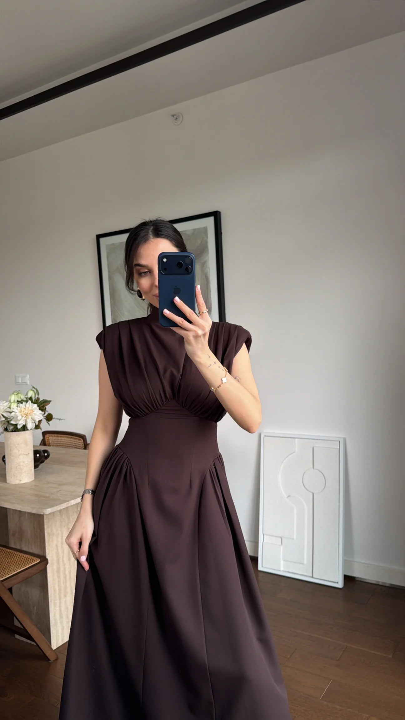 Brown Enid Waist-Fitted Padded Dresswith back neck tie