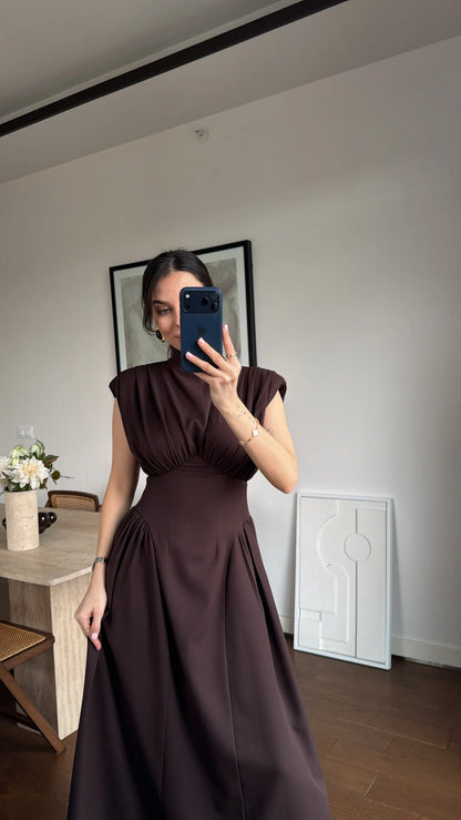 Brown Enid Waist-Fitted Padded Dresswith back neck tie