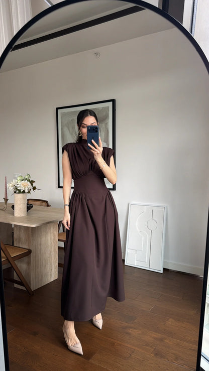 Brown Enid Waist-Fitted Padded Dresswith back neck tie
