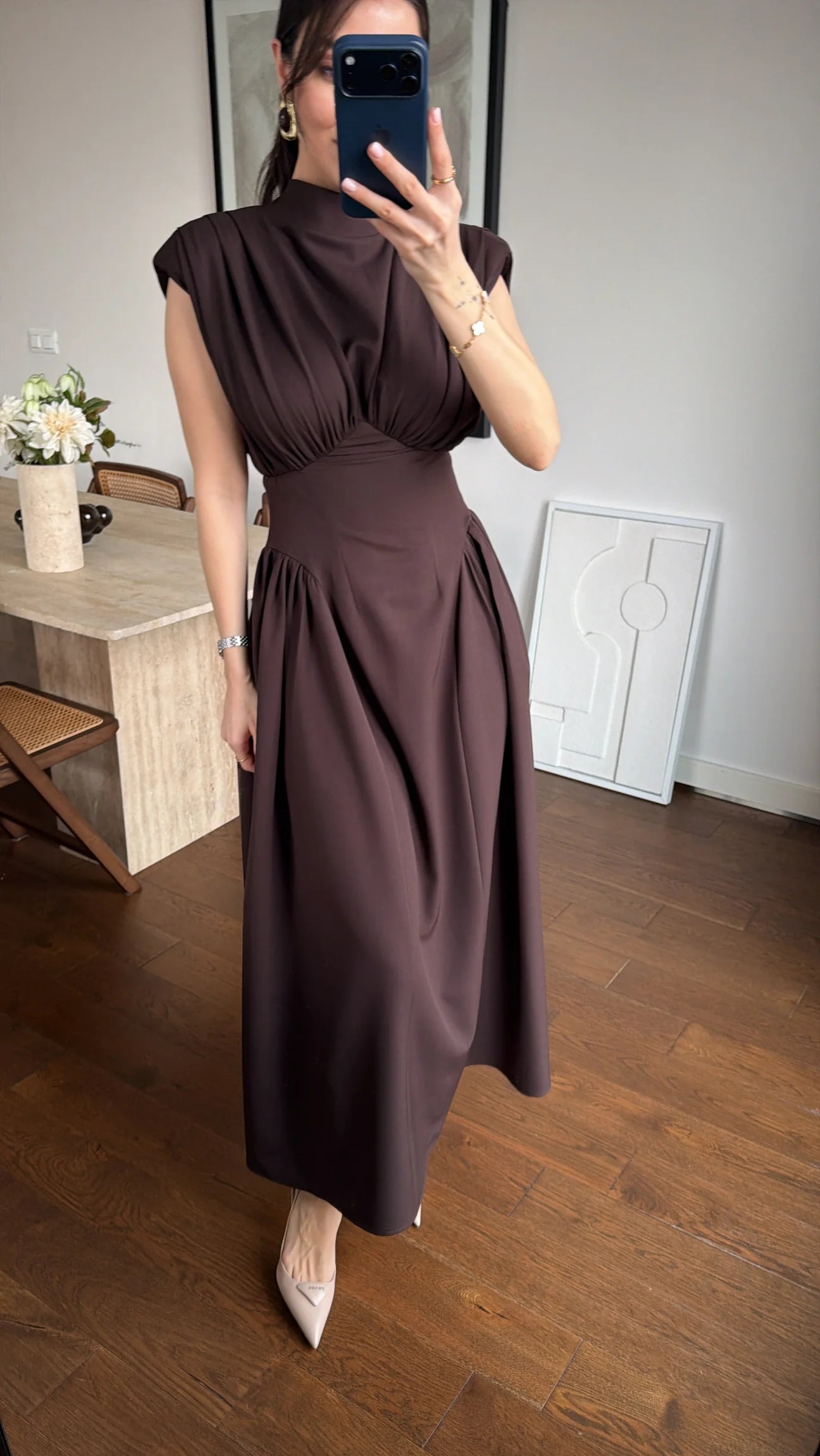 Brown Enid Waist-Fitted Padded Dresswith back neck tie