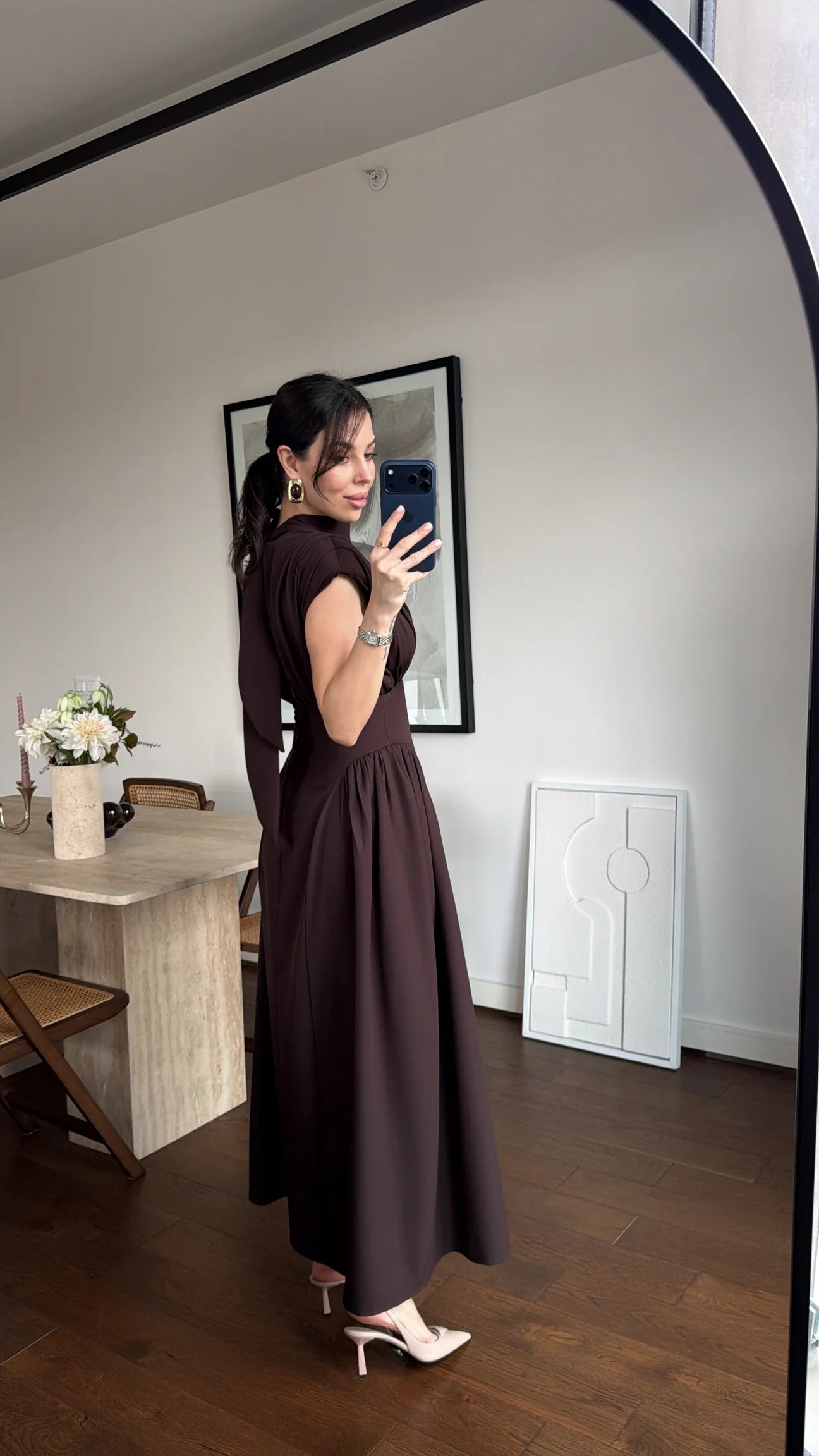 Brown Enid Waist-Fitted Padded Dresswith back neck tie