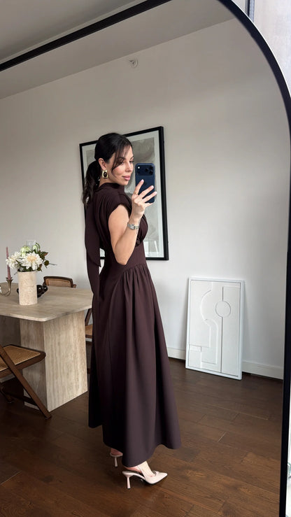 Brown Enid Waist-Fitted Padded Dresswith back neck tie