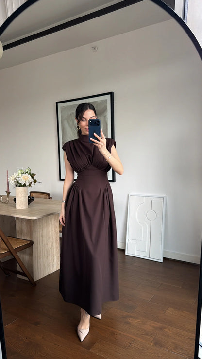 Brown Enid Waist-Fitted Padded Dresswith back neck tie