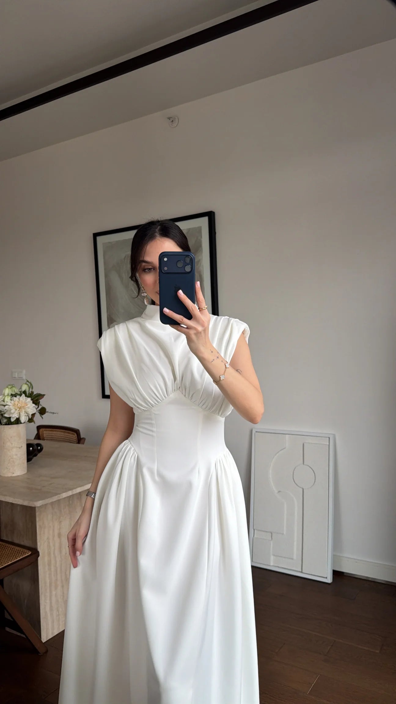 White Enid Waist-Fitted Padded Dresswith back neck tie