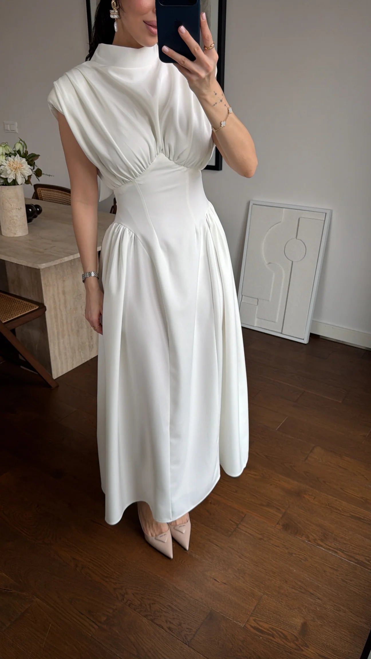White Enid Waist-Fitted Padded Dresswith back neck tie