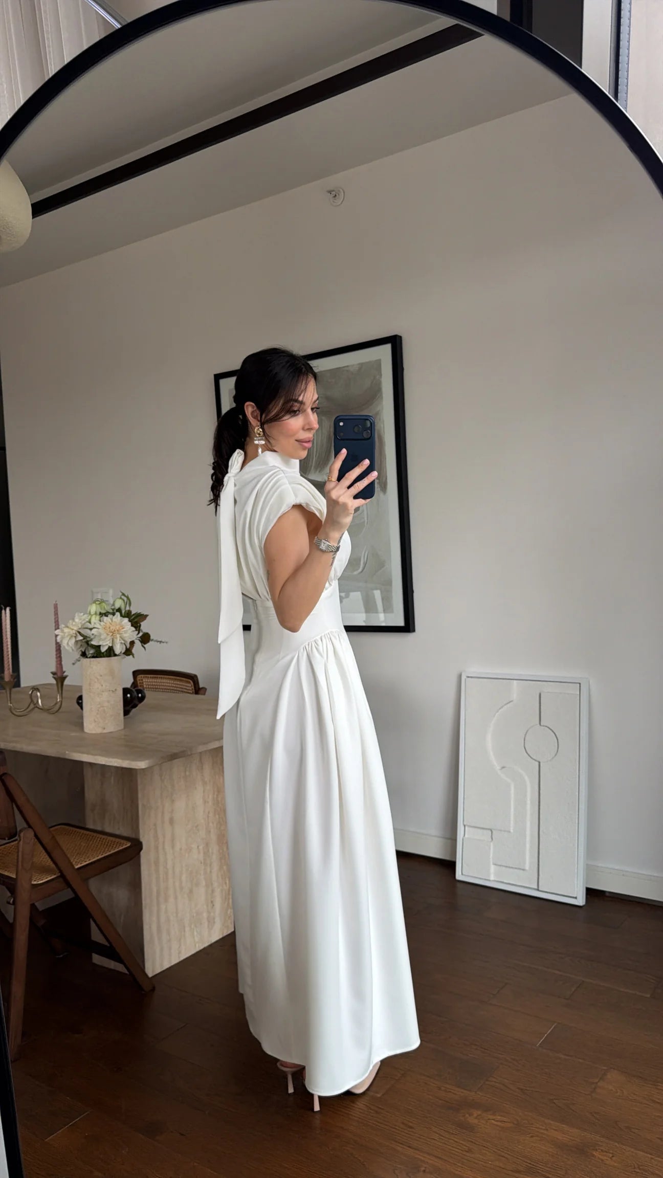 White Enid Waist-Fitted Padded Dresswith back neck tie